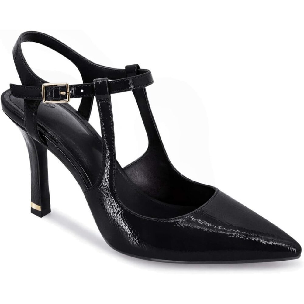 Coutgo Women's Black Pointed Toe Ankle Strap Patent Leather Stiletto High Heels